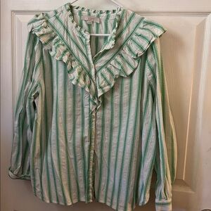 LOFT Green and White Ruffle Stripe Blouse